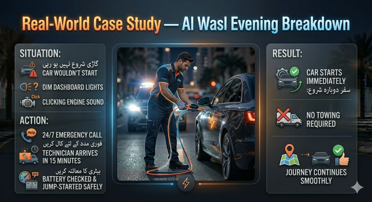 Infographic showing a real-world case study of emergency jump start in Al Wasl with a stranded car at night, technician assistance, and key situation, action, and result points.