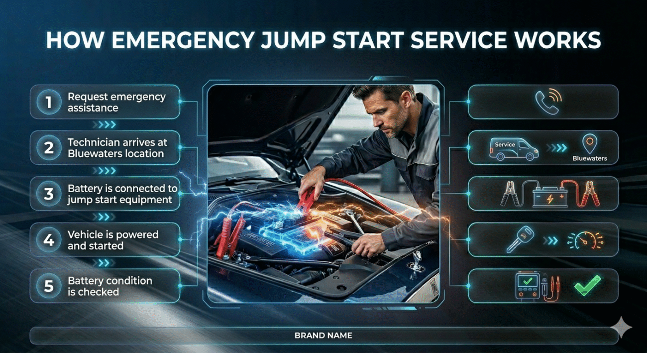 Step-by-step emergency jump start process showing a technician connecting cables to a car battery with visual guide steps on the sides.