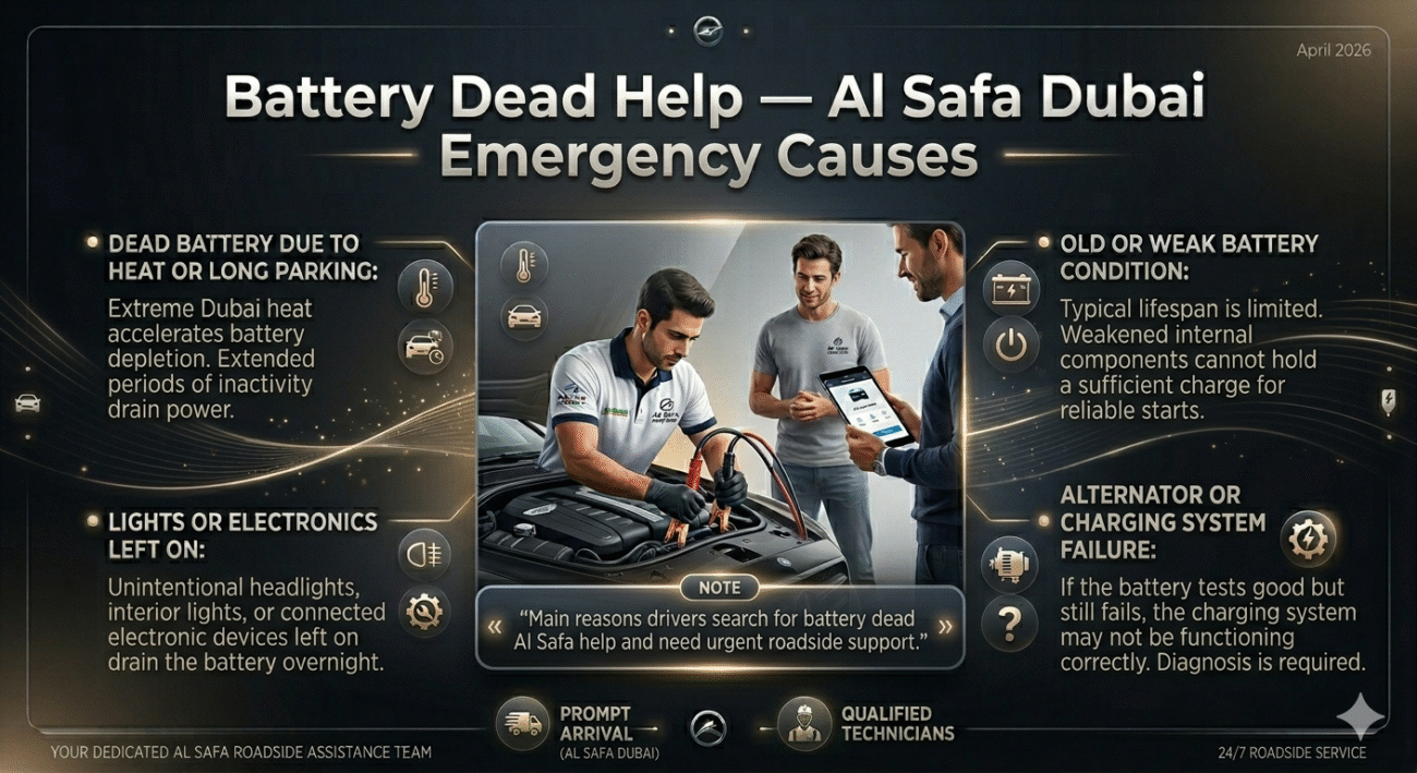 Infographic showing battery dead help causes in Al Safa Dubai with technician and car in center and main battery failure reasons listed on sides.