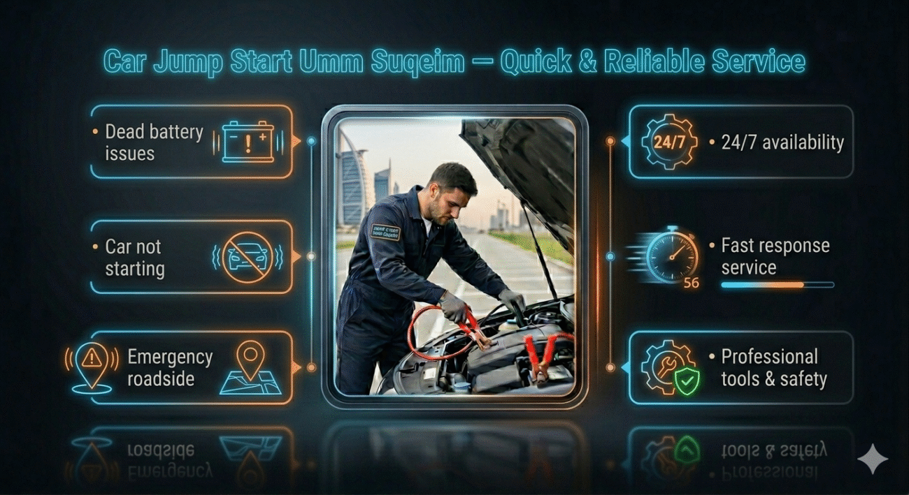 Infographic showing car jump start service in Umm Suqeim with technician and key service features displayed on both sides.