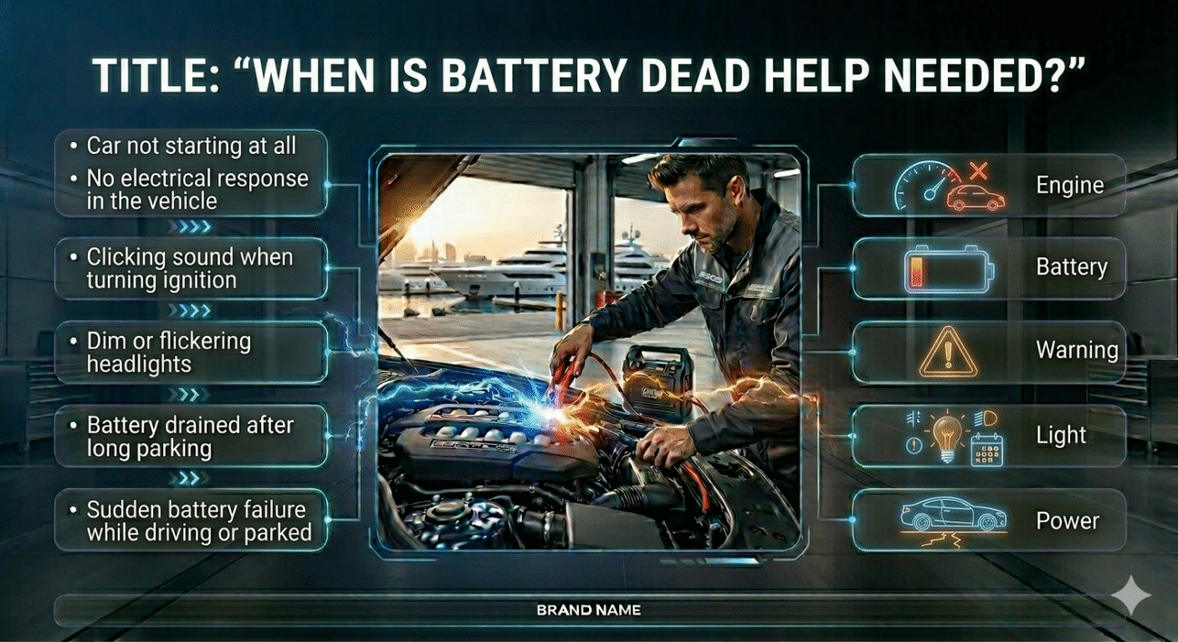 Emergency car battery situations showing a technician jump-starting a vehicle with key warning signs displayed on the sides.