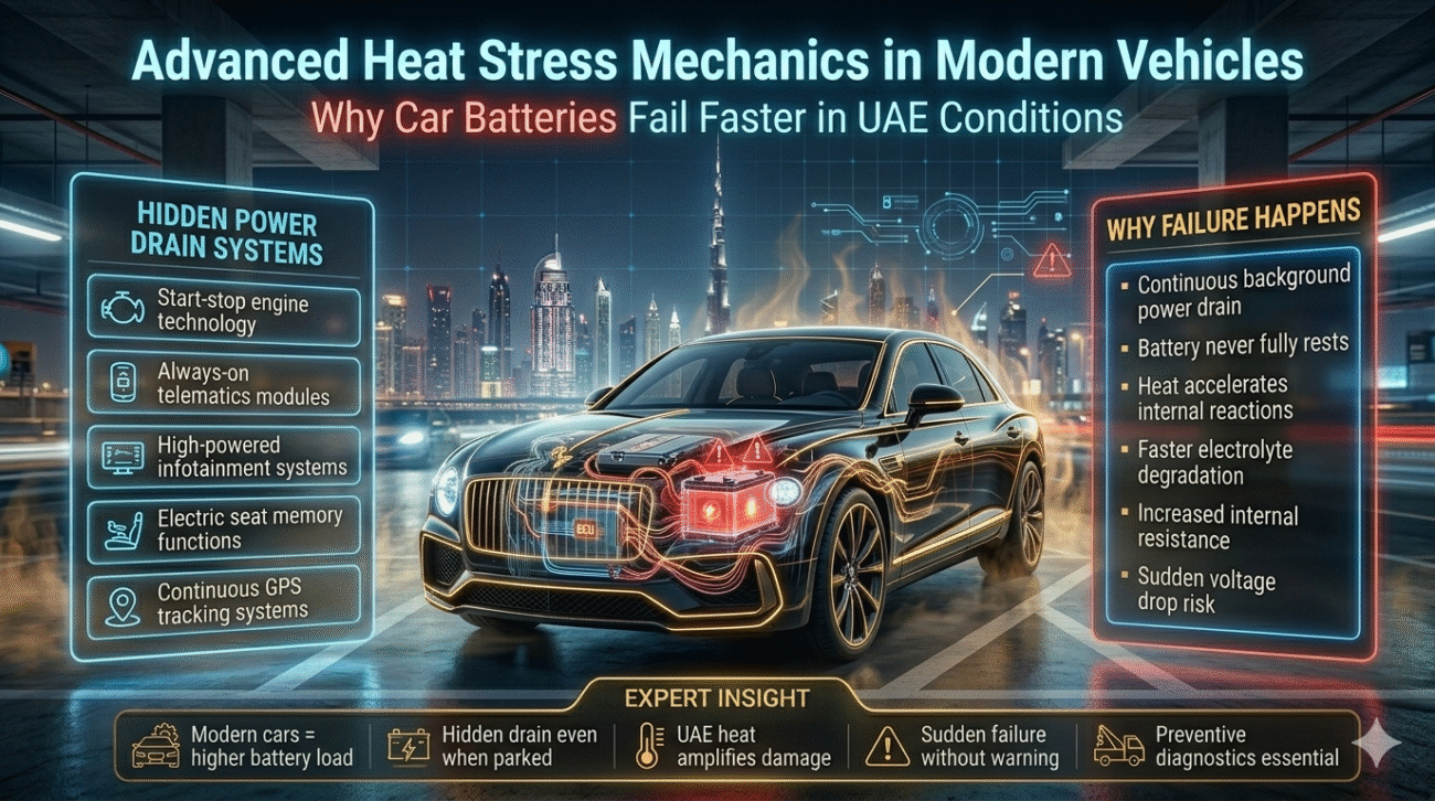 Modern vehicle infographic showing hidden battery drain systems like keyless entry, GPS, and infotainment causing battery failure in Dubai heat.