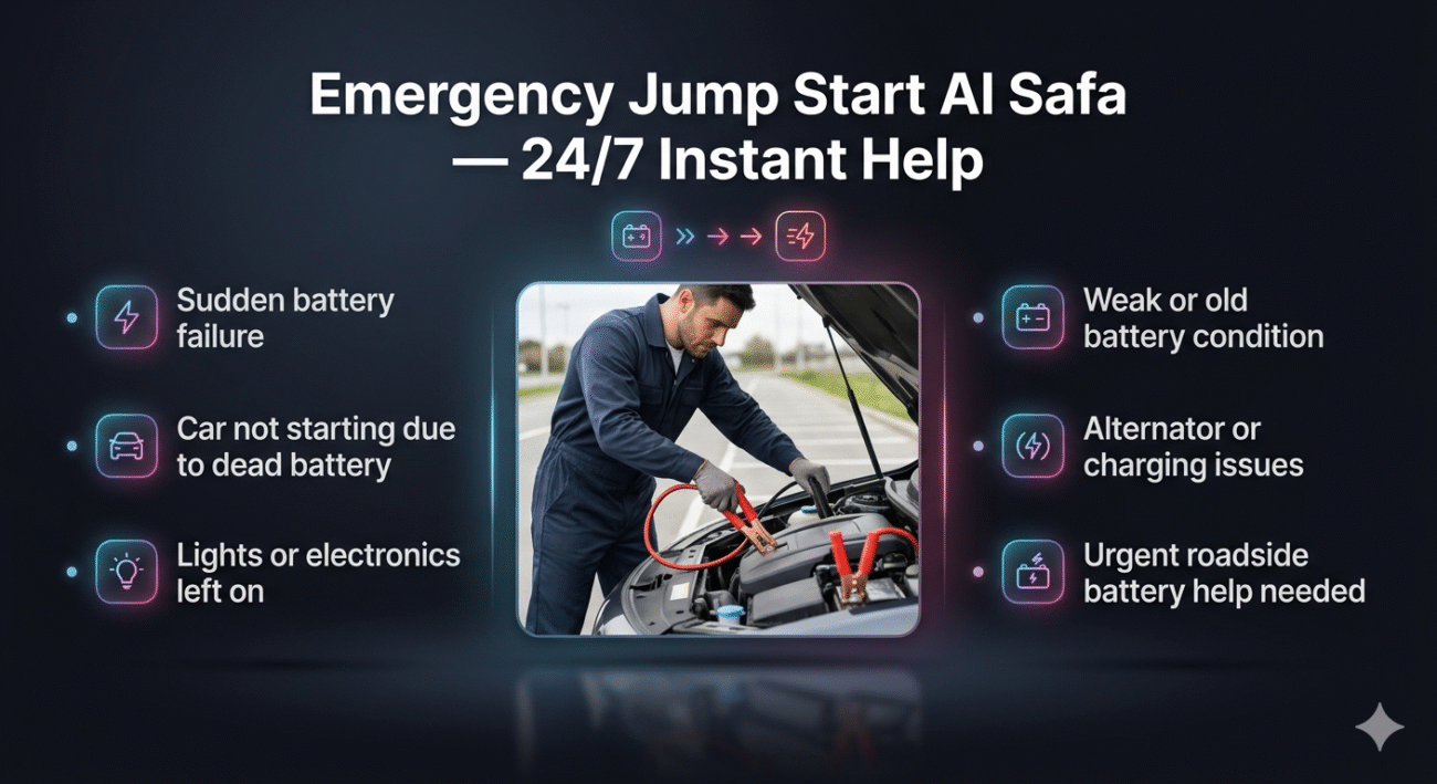 Infographic showing emergency jump start service in Al Safa with technician and car in center and battery issues listed on both sides.