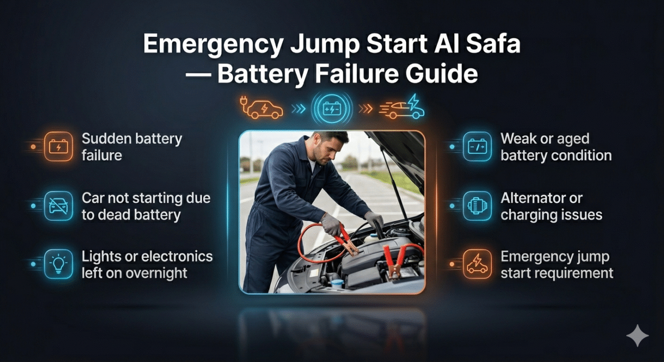 Infographic showing causes of battery failure with jump start service in Al Safa and a technician assisting a car in the center.