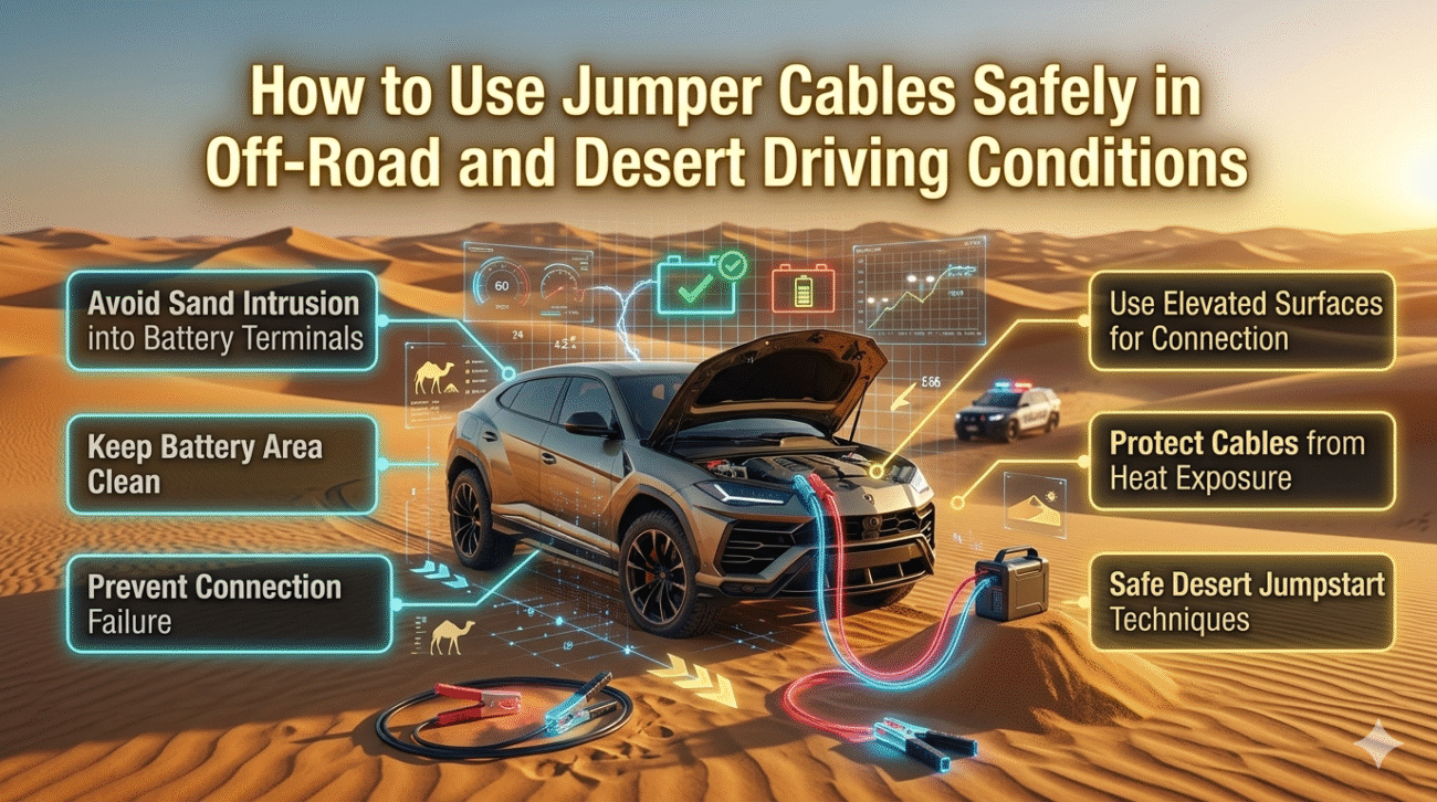 Safe jumper cable use in Dubai desert and off-road driving conditions with luxury SUV