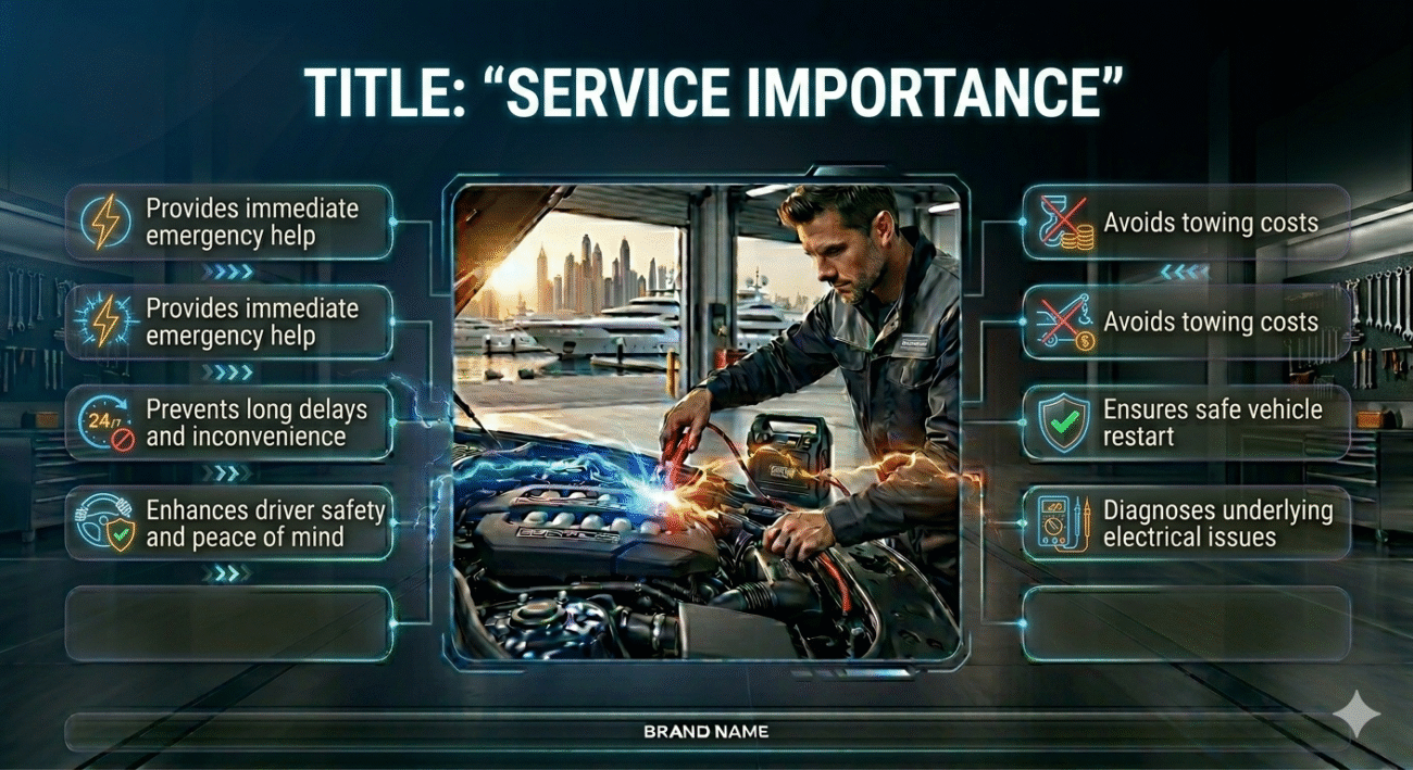 Roadside jump start service importance showing key benefits like emergency help, cost saving, and safe restart displayed around a central car and technician image.