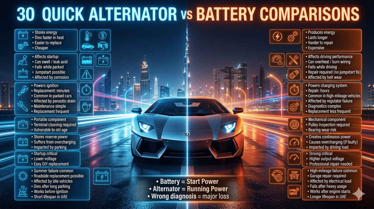 Detailed infographic comparing 30 differences between car battery and alternator with a split luxury car design.