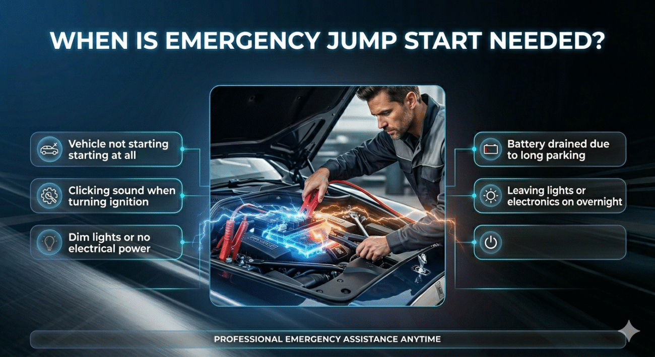 Emergency jump start situations shown with a central car battery boost and surrounding key warning signs like no start, clicking sound, and dim lights.