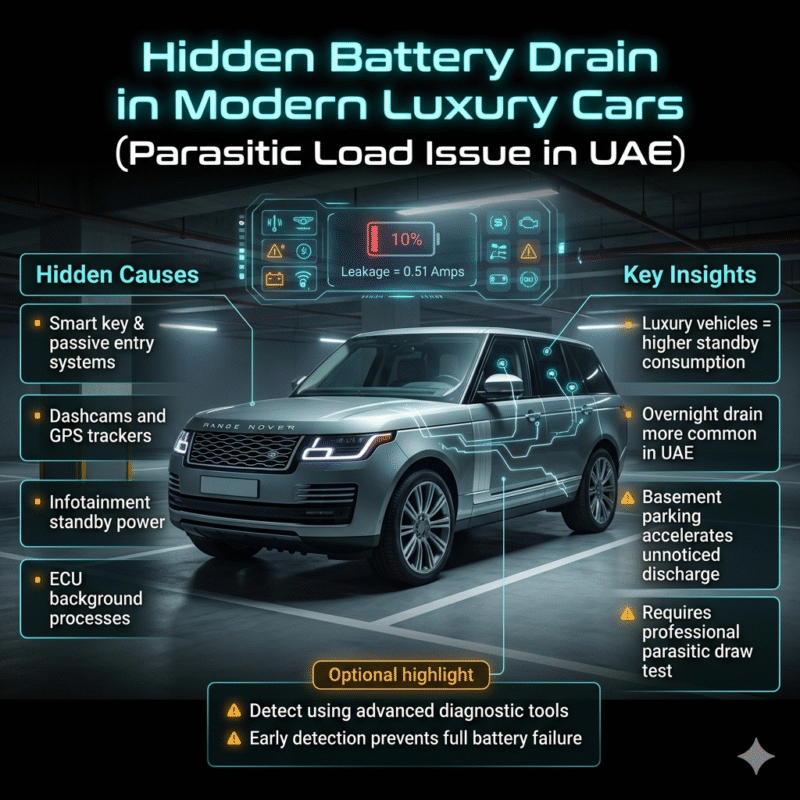 A luxury SUV in a Dubai basement parking with glowing lines showing hidden parasitic battery drain and diagnostic overlays.