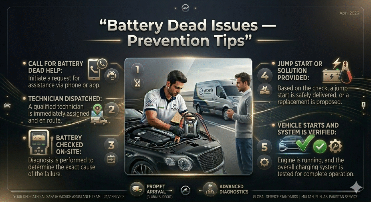 Infographic showing battery dead prevention tips with car battery maintenance points displayed on both sides and a central technician image.