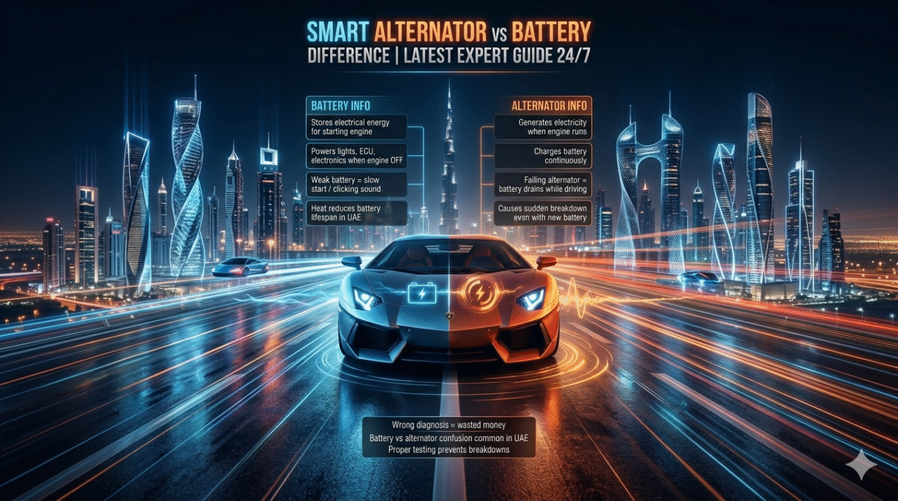 Infographic showingSmart Alternator vs Battery difference | Latest Expert Guide 24/7with a split luxury car design in Dubai environment.