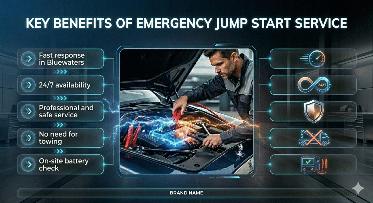 Emergency jump start service benefits shown with a central technician working on a car battery and key advantages displayed on the sides.