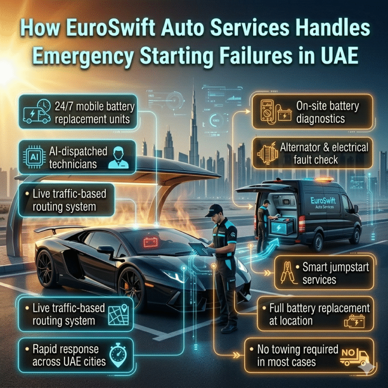A premium roadside emergency scene in UAE showing a luxury car breakdown with mobile service support and glowing infographic points explaining rapid battery replacement services.