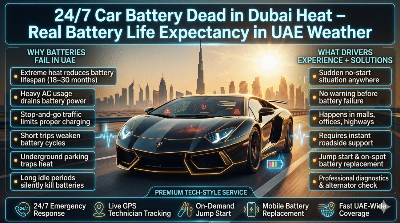 Infographic showing a luxury Lamborghini-style car in Dubai heat with key reasons for battery failure on one side and emergency roadside solutions on the other, highlighting reduced battery lifespan in UAE conditions.