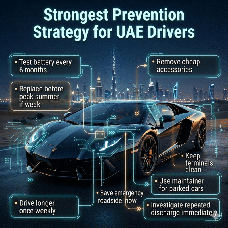 A luxury Lamborghini car in a futuristic UAE night city background with glowing infographic tips showing how to prevent overnight battery drain.