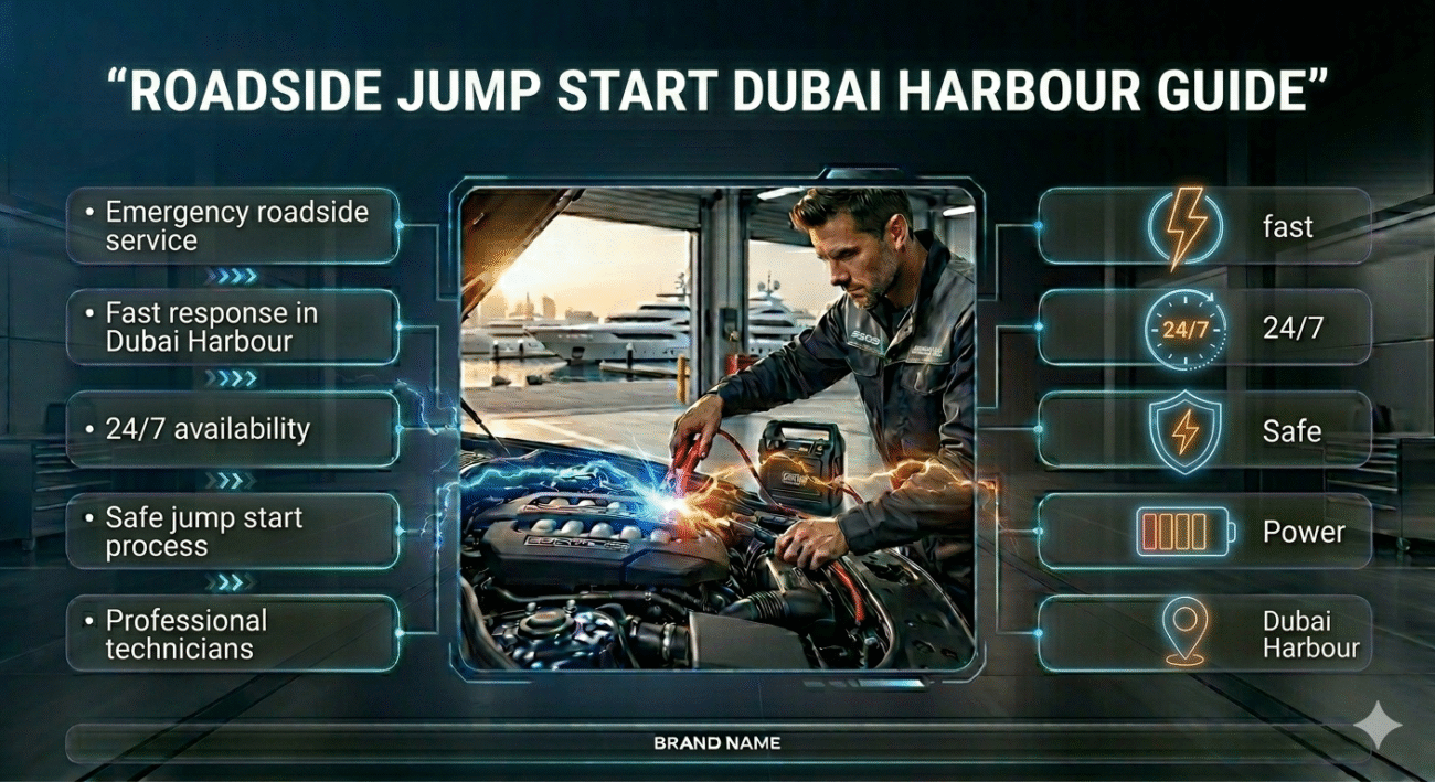 Roadside jump start service in Dubai Harbour showing a technician assisting a car with key points displayed around the image in a modern user guide style.