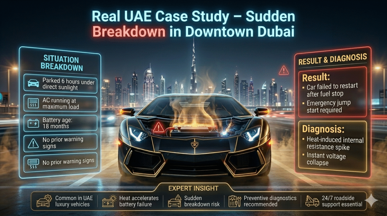 Luxury sedan broken down in Downtown Dubai with battery failure due to extreme heat, showing case study of sudden voltage collapse and emergency jump start situation.Car Battery Died in Dubai Heat