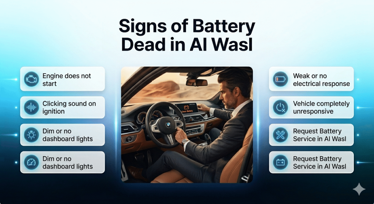 Car showing signs of battery failure in Al Wasl with no start, clicking sound, dim lights, and no electrical response in a modern guide layout.