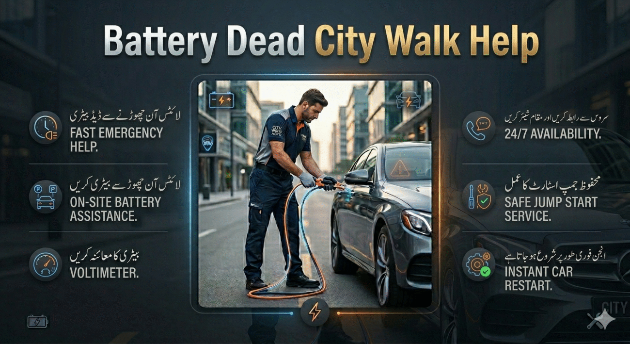 Infographic showing battery dead help in City Walk Dubai with a central car breakdown scene and key service points listed on the sides.