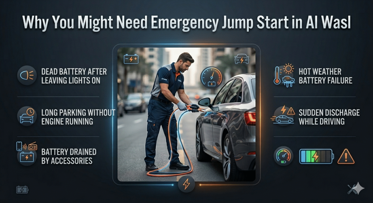 Infographic showing reasons for emergency jump start in Al Wasl with a central car jump-start scene and key causes listed on the sides.