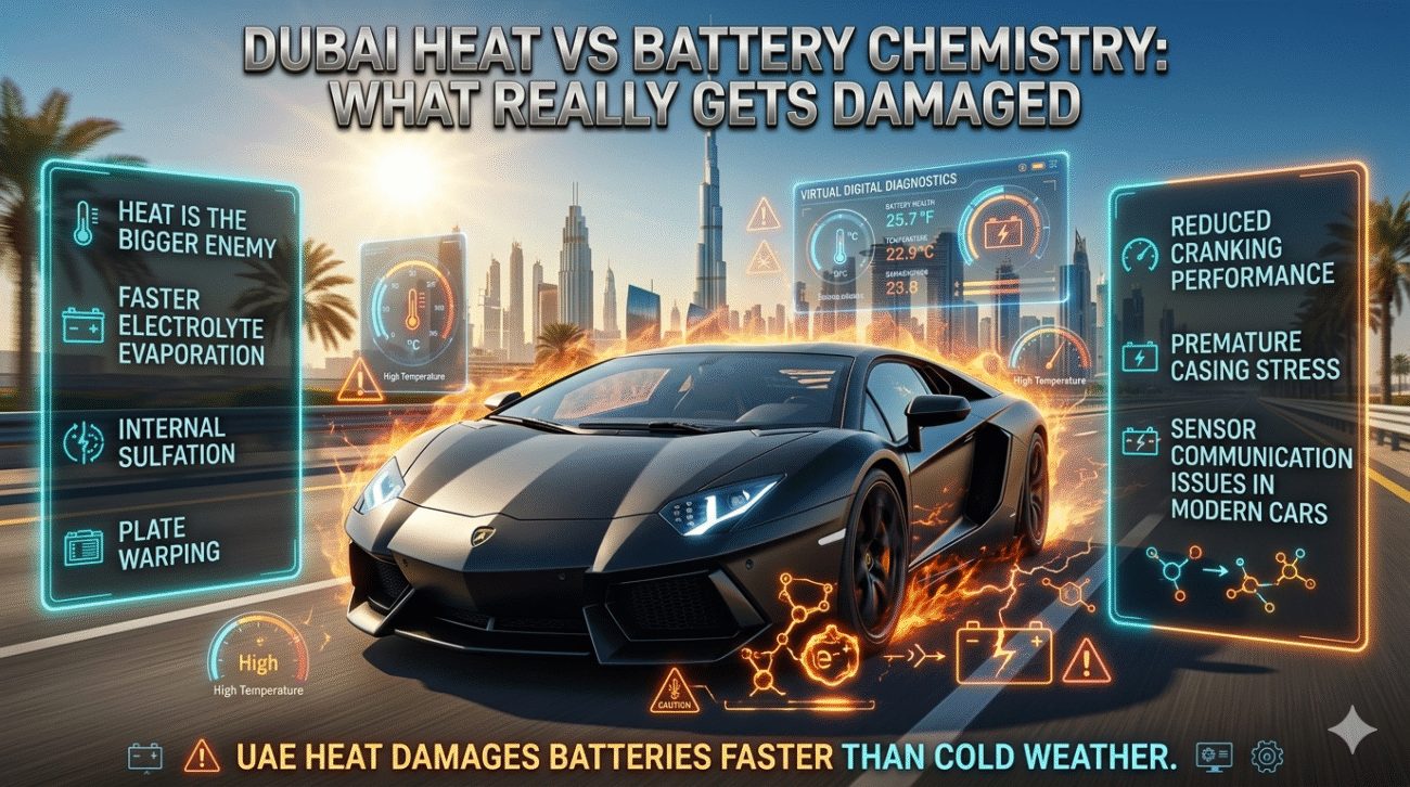 Luxury Dubai automotive infographic with Lamborghini car explaining how extreme UAE heat damages battery chemistry and causes battery failure.