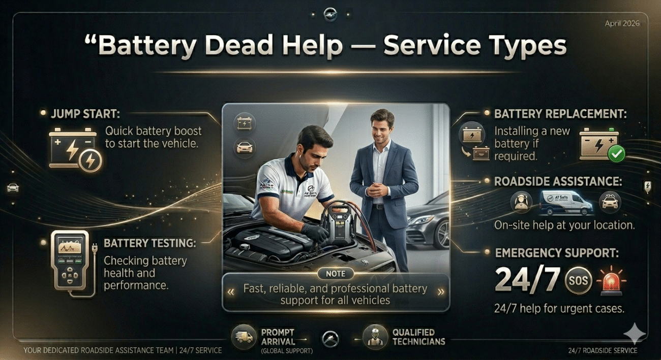 Infographic showing battery dead help service types including jump start, testing, replacement, roadside assistance, and emergency support with central car image.