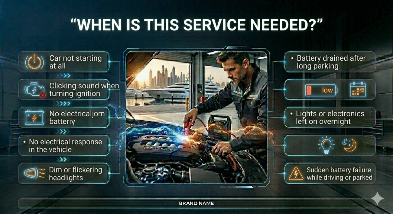 Car battery problem scenarios showing when jump start service is needed with key warning signs displayed around the image in a modern guide layout.