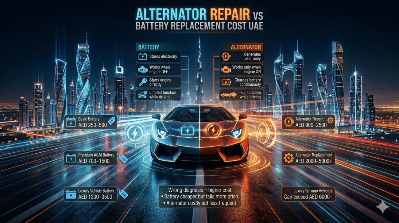 Infographic showing cost comparison between battery replacement and alternator repair in UAE with luxury car background.