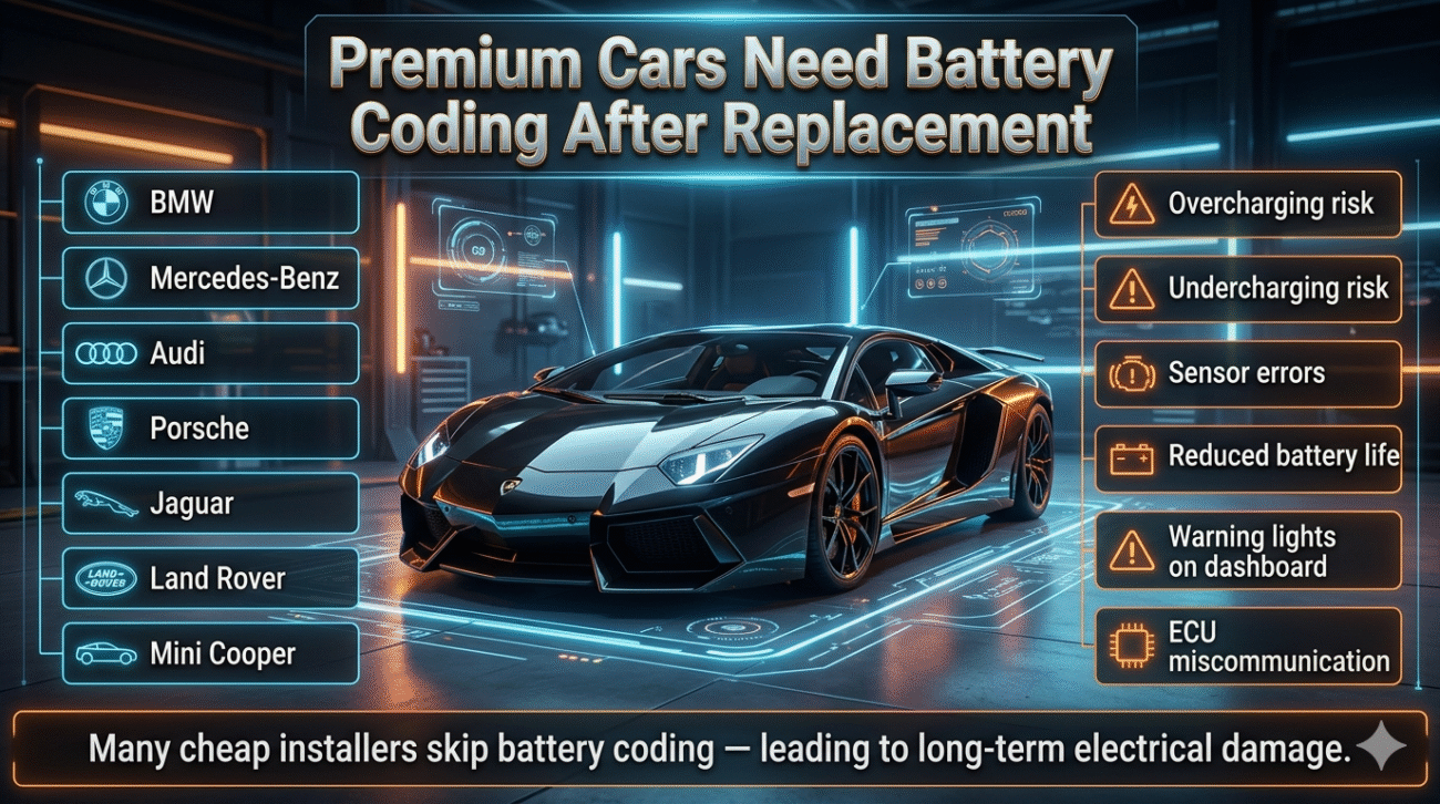 A futuristic Lamborghini car in a night-time UAE city setting with glowing infographic points explaining why car battery replacement is an emergency service.