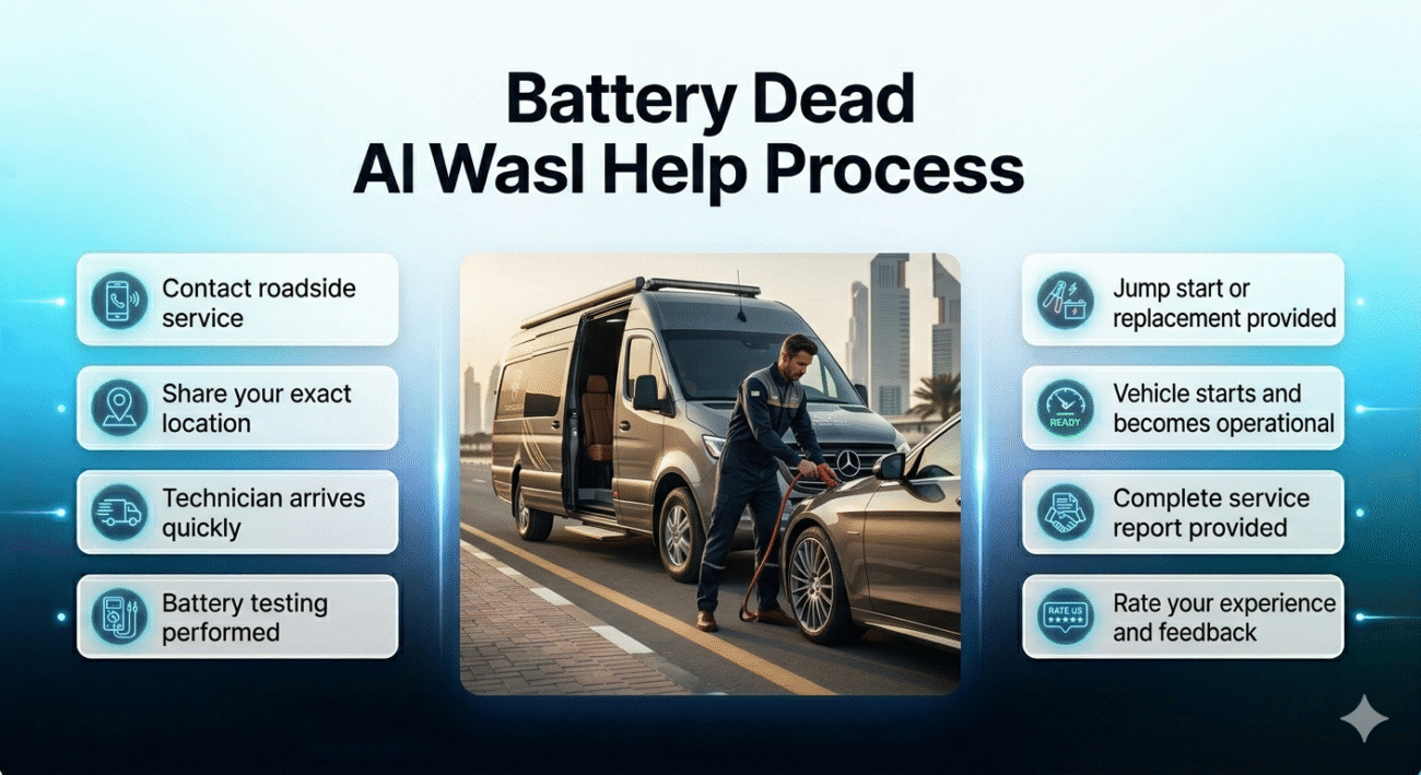Battery dead help process in Al Wasl showing steps from contacting service to vehicle starting again with roadside technician and jump start assistance.