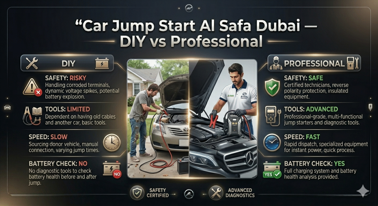 Infographic comparing DIY and professional car jump start showing safety, tools, speed, and battery check differences in Al Safa Dubai.