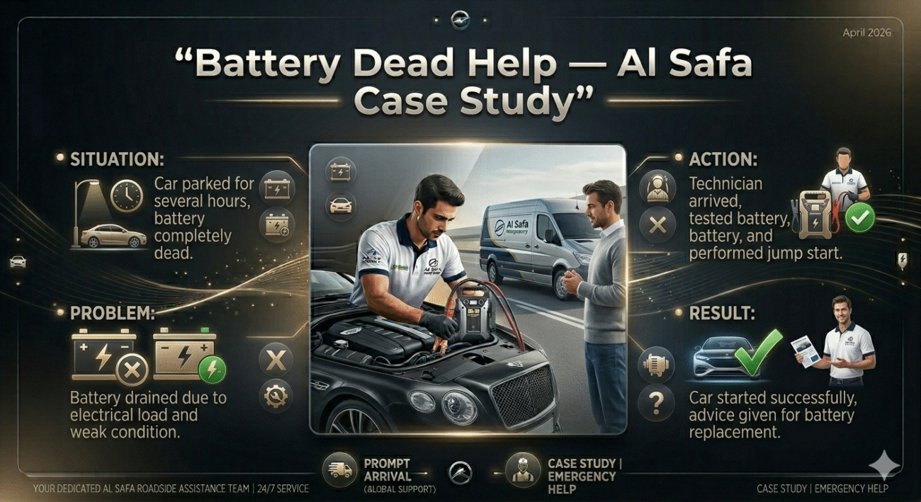 Infographic showing Al Safa battery dead case study with situation, problem, action, and result displayed around a central technician jump start image.