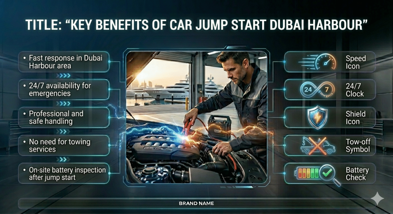 Car jump start service in Dubai Harbour showing a technician working on a car battery with key benefits displayed around the image.