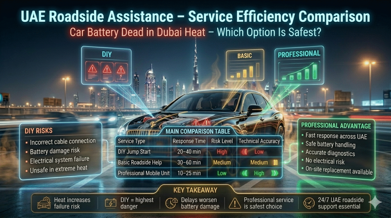 Infographic comparing DIY jump start, basic roadside help, and professional mobile battery service in Dubai showing response time, risk level, and accuracy.