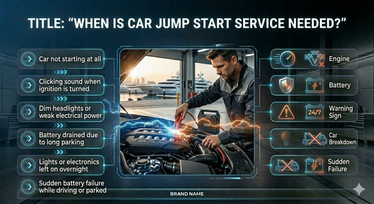 Step-by-step car jump start process showing a technician connecting cables to a car battery with service steps displayed on the sides.