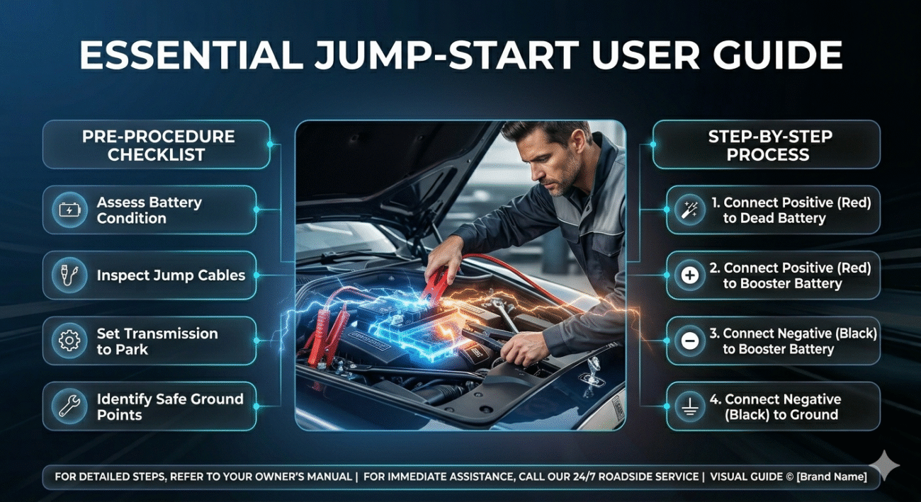 Professional emergency jump start service in Bluewaters showing a technician connecting cables to a car battery with key service points displayed around the image.
