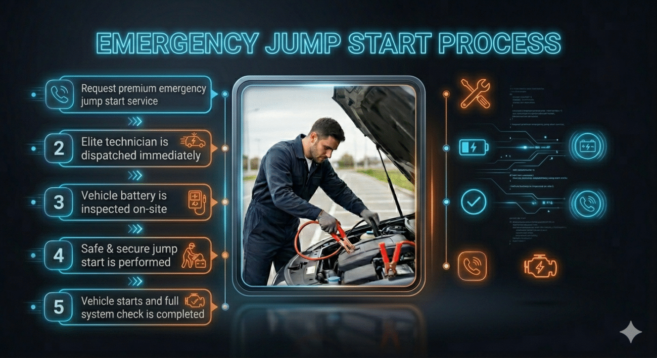 Step-by-step infographic showing emergency jump start process with technician inspecting and starting a car.