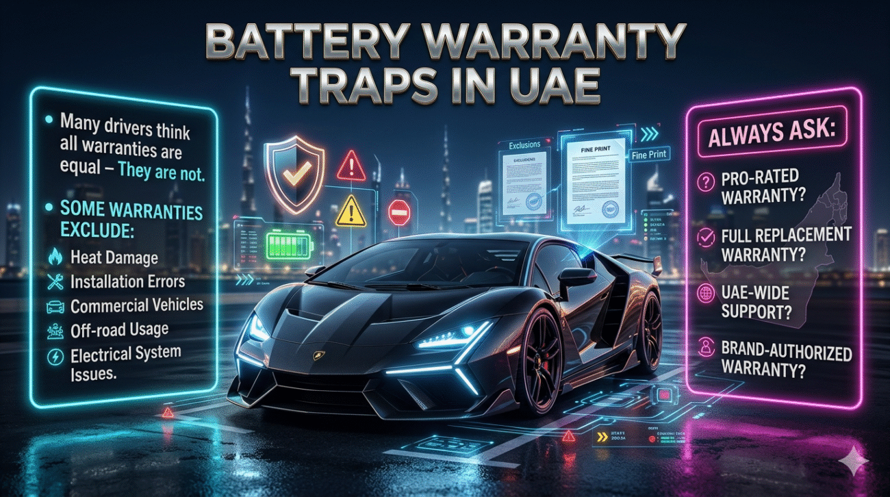 Luxury Dubai automotive infographic with Lamborghini car explaining battery warranty traps, exclusions, and questions UAE drivers should ask.