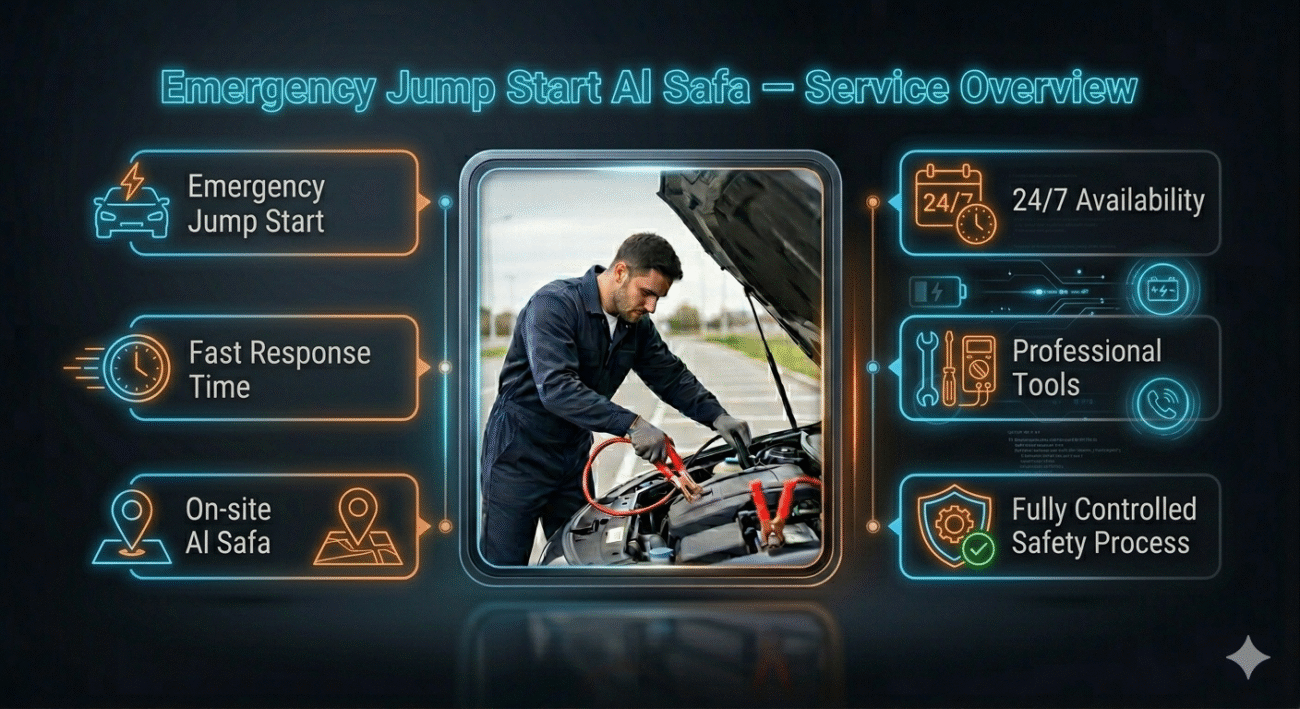 Infographic showing emergency jump start service features in Al Safa with technician and key service details like 24/7 availability and fast response.