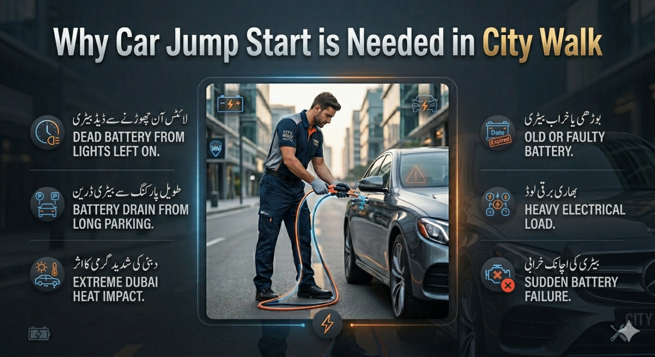 Infographic showing reasons for car jump start in City Walk Dubai with a central car breakdown scene and key causes listed on the sides.