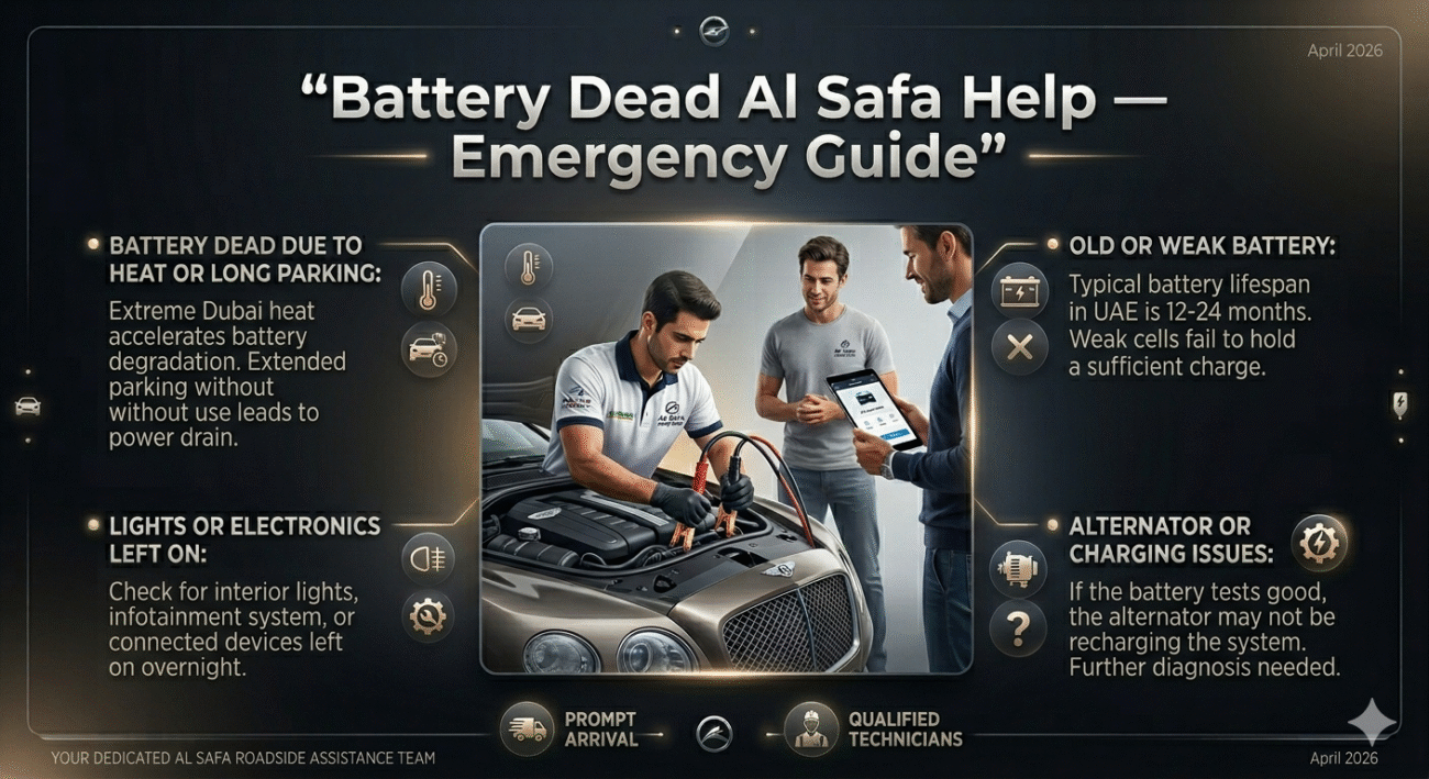 Infographic showing battery dead Al Safa help with technician and car in center and causes of battery failure listed on both sides.