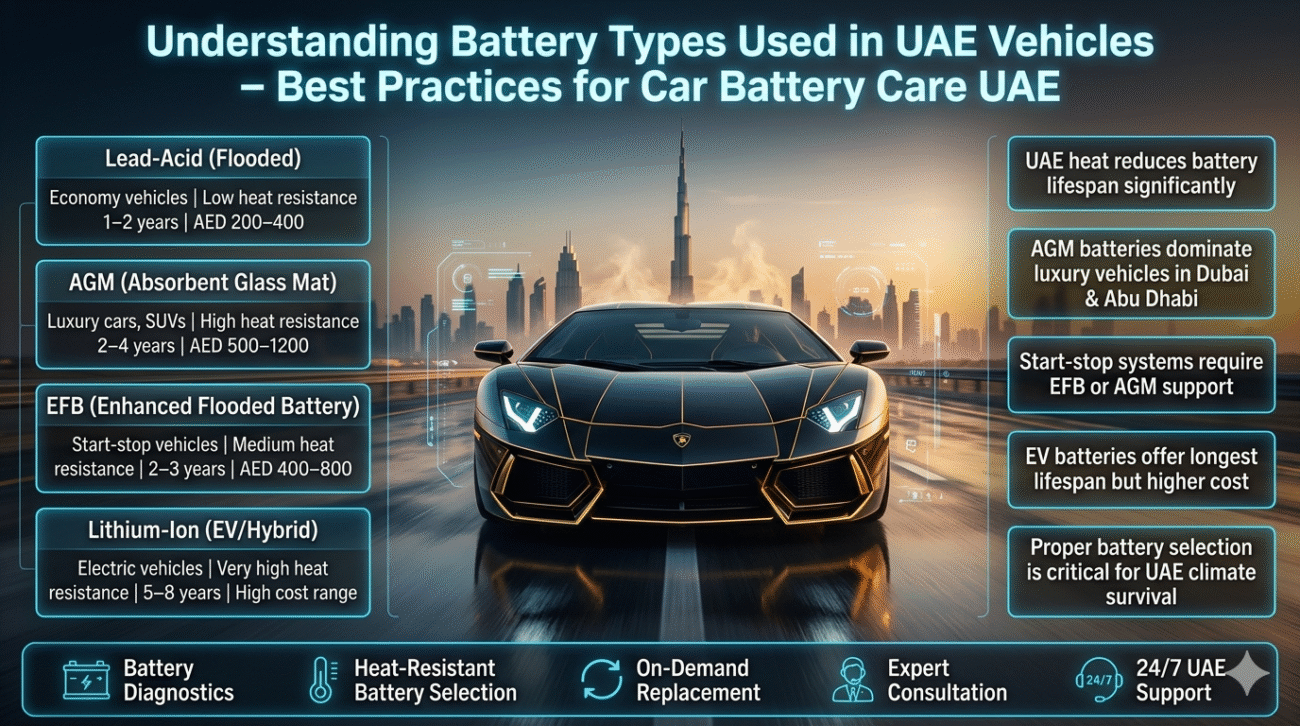 Infographic showing different car battery types used in UAE including Lead-Acid, AGM, EFB, and Lithium-Ion with lifespan, heat resistance, and cost comparison displayed beside a luxury car in a Dubai skyline setting.