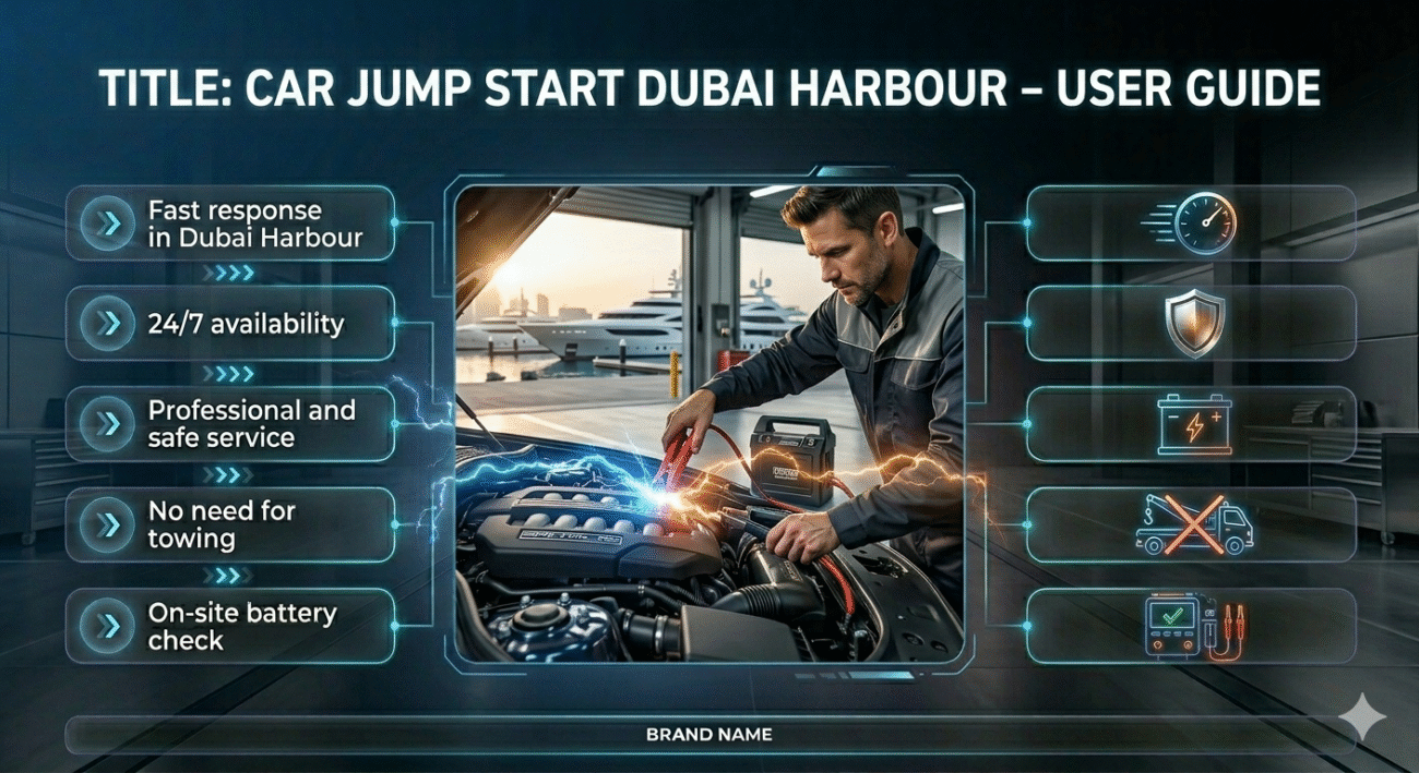 Car jump start service in Dubai Harbour showing a technician connecting jumper cables to a car with key service points displayed around the image.