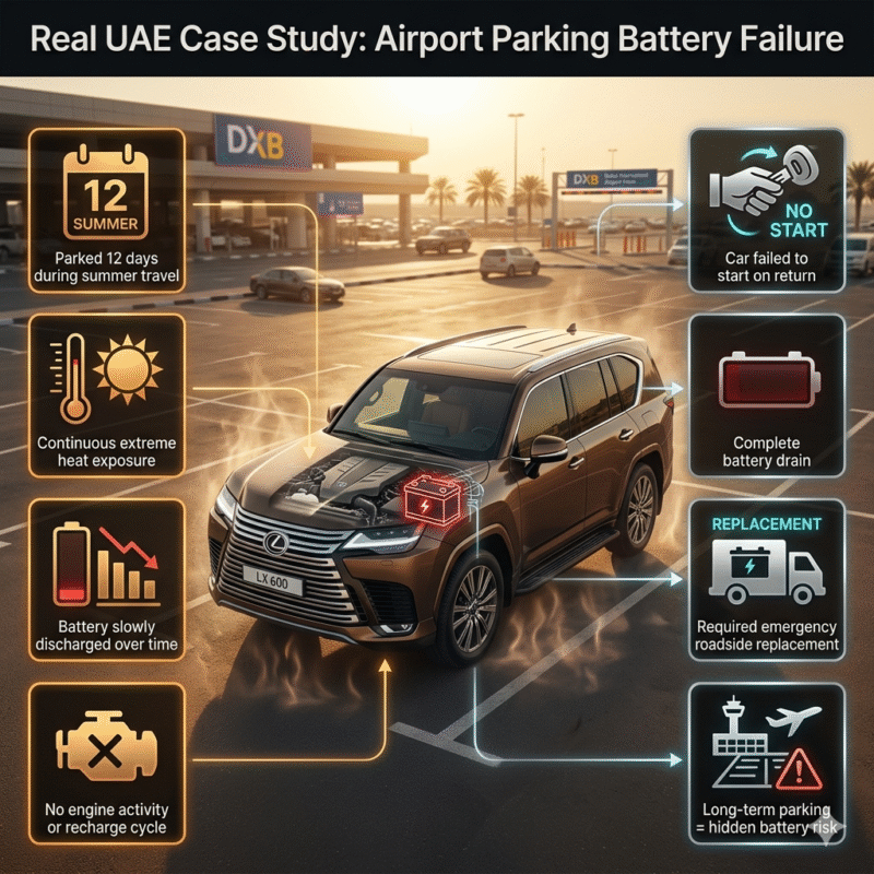 A luxury Lexus SUV in Dubai airport parking under extreme heat showing a case study of battery failure after long-term parking in summer.