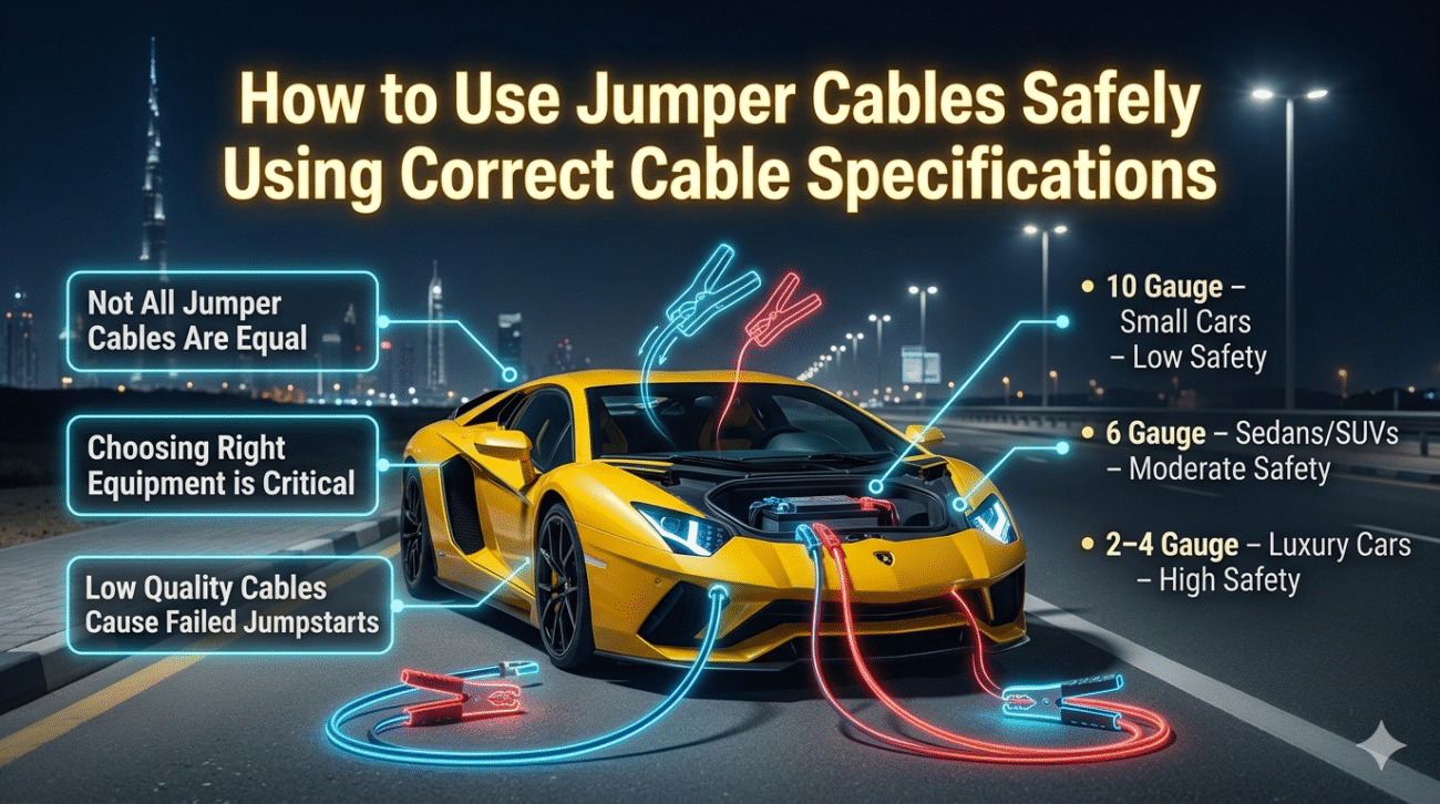 How to use jumper cables safely with correct cable specifications infographic featuring Lamborghini car