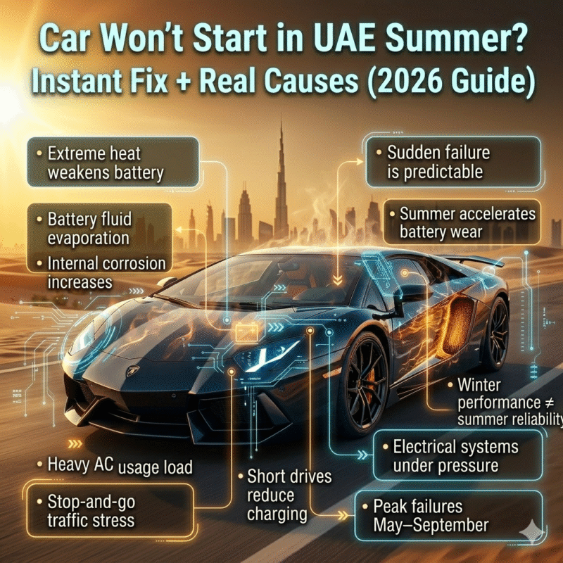 A futuristic Lamborghini in a hot UAE city environment with glowing infographic points explaining causes of car starting problems during extreme summer heat.