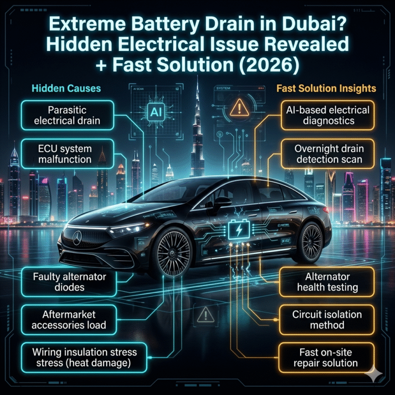 A futuristic luxury car in Dubai with glowing diagnostic overlays showing hidden electrical faults causing battery drain and fast repair solutions.