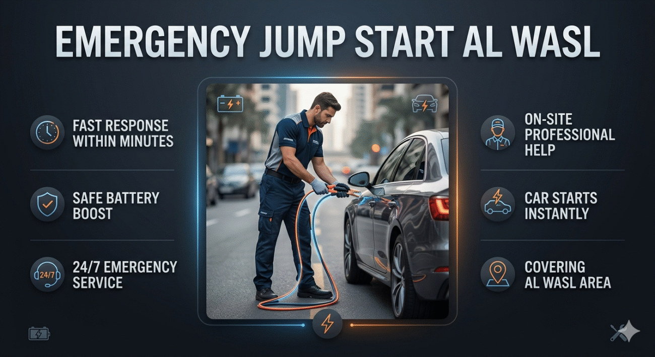 Professional emergency jump start service in Al Wasl showing a technician boosting a car battery with clear guide points around the image.