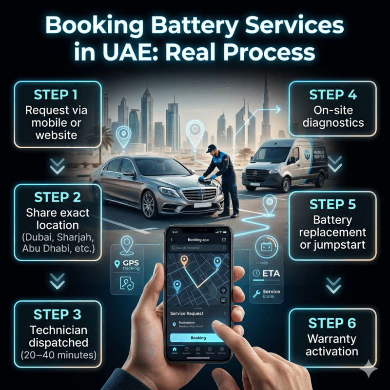 A luxury car in a UAE city with a technician providing on-site battery service and a smartphone showing the booking process steps.