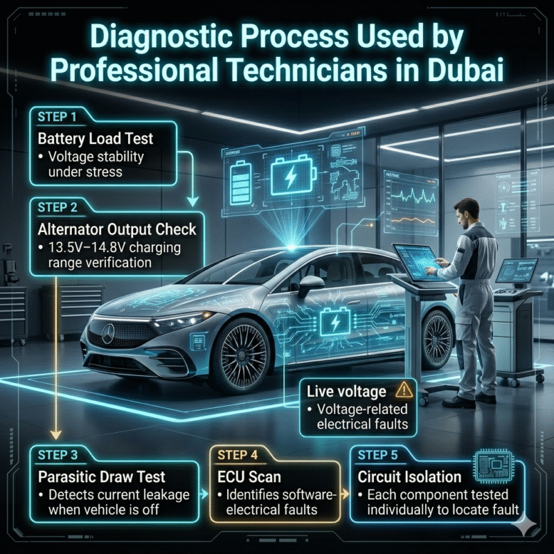 A futuristic Dubai workshop showing a luxury car connected to diagnostic tools with step-by-step electrical testing process and holographic data screens.